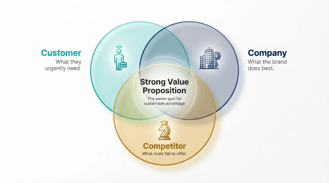 Three Cs brand positioning framework Venn diagram Customer Company Competitor intersection
