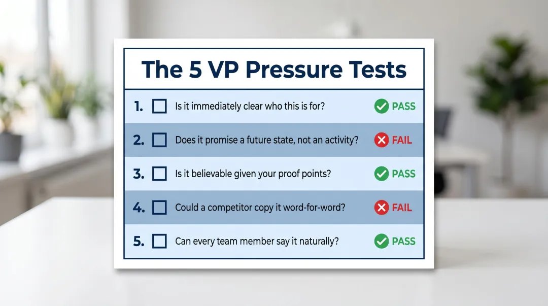 Five-question value proposition pressure test checklist for brand messaging validation