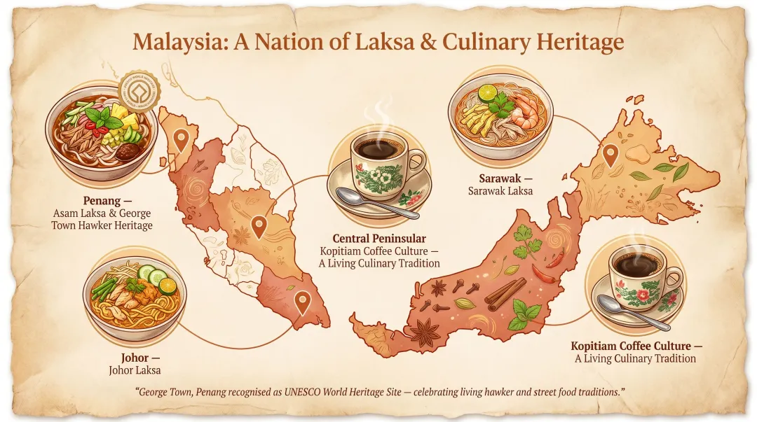 Malaysia culinary tourism map showing four regional laksa varieties and food heritage highlights