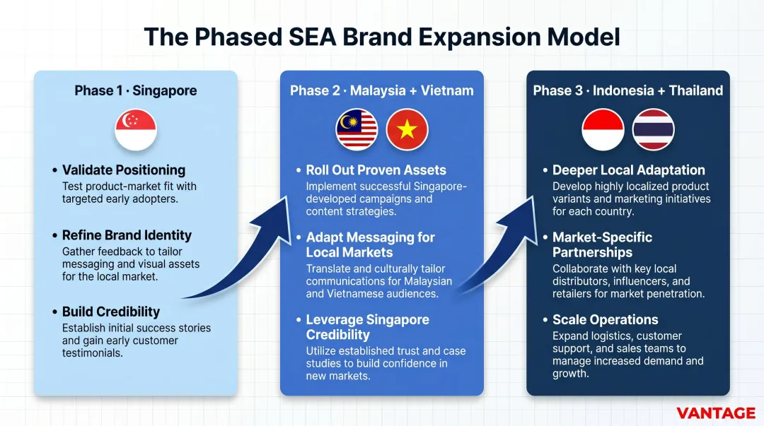 Three-phase SEA regional expansion model Singapore Malaysia Vietnam Indonesia Thailand