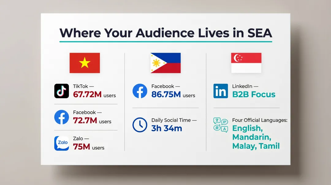 Southeast Asia social media platform usage breakdown by country comparison chart