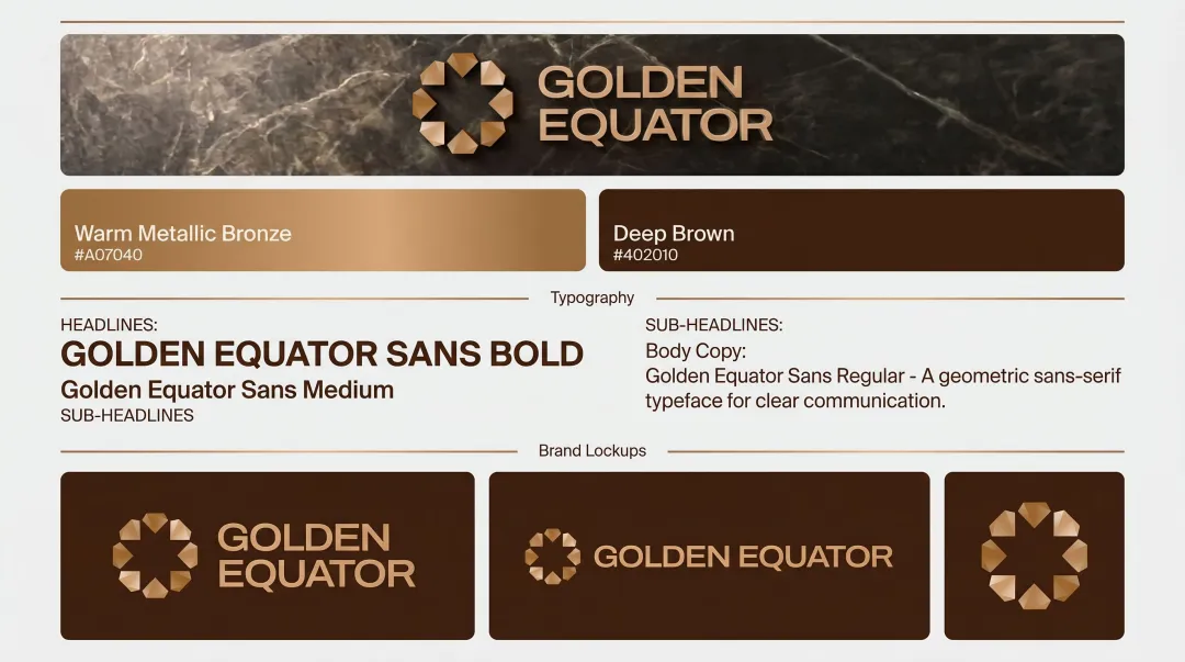 Golden Equator brand identity system bronze palette logomark and typography showcase