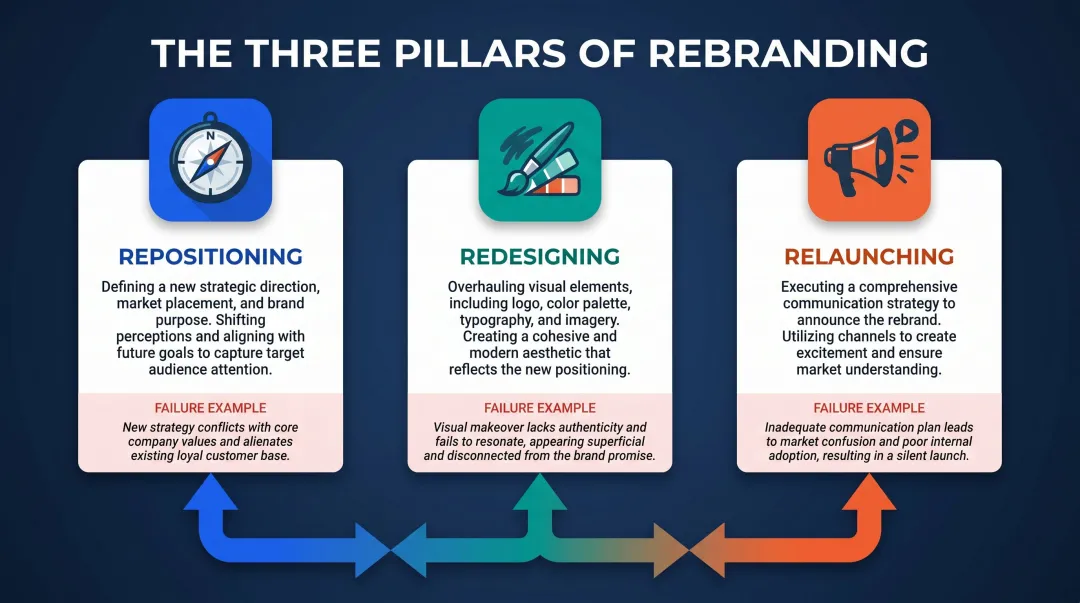 Three rebranding pillars repositioning redesigning relaunching alignment framework infographic