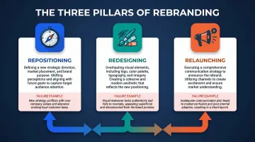 Three rebranding pillars repositioning redesigning relaunching alignment framework infographic