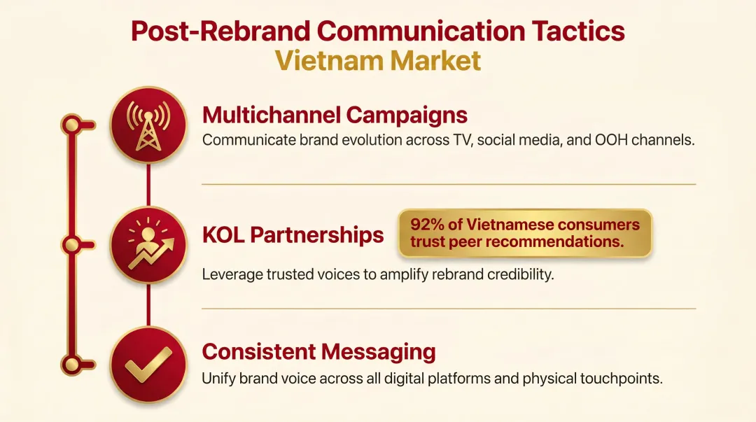 Post-rebrand communication strategy multichannel KOL and messaging rollout framework Vietnam