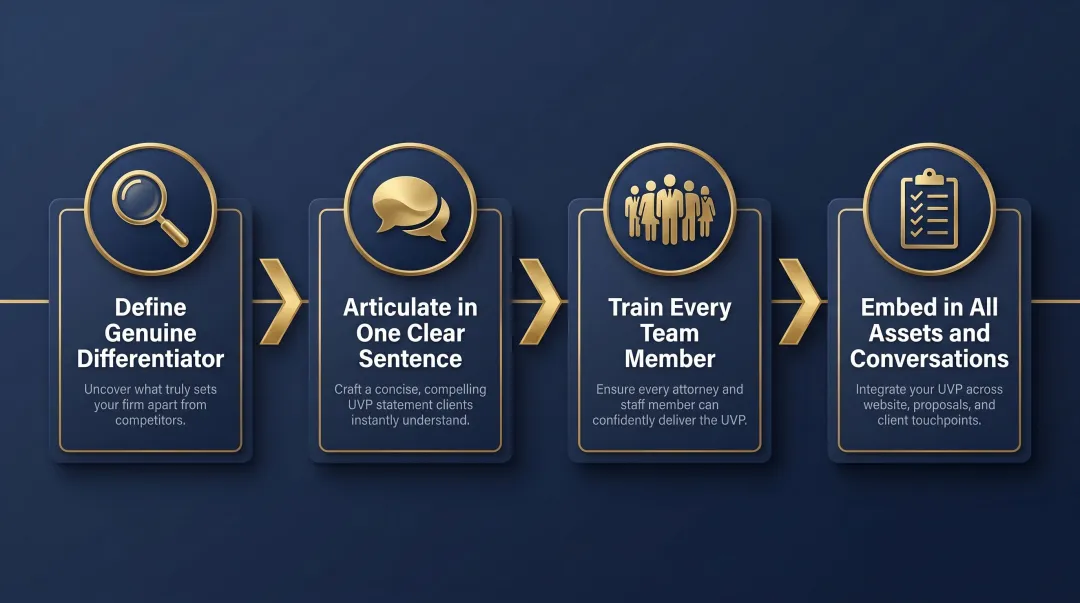 4-step law firm UVP identification and embedding process flow infographic