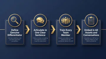 4-step law firm UVP identification and embedding process flow infographic