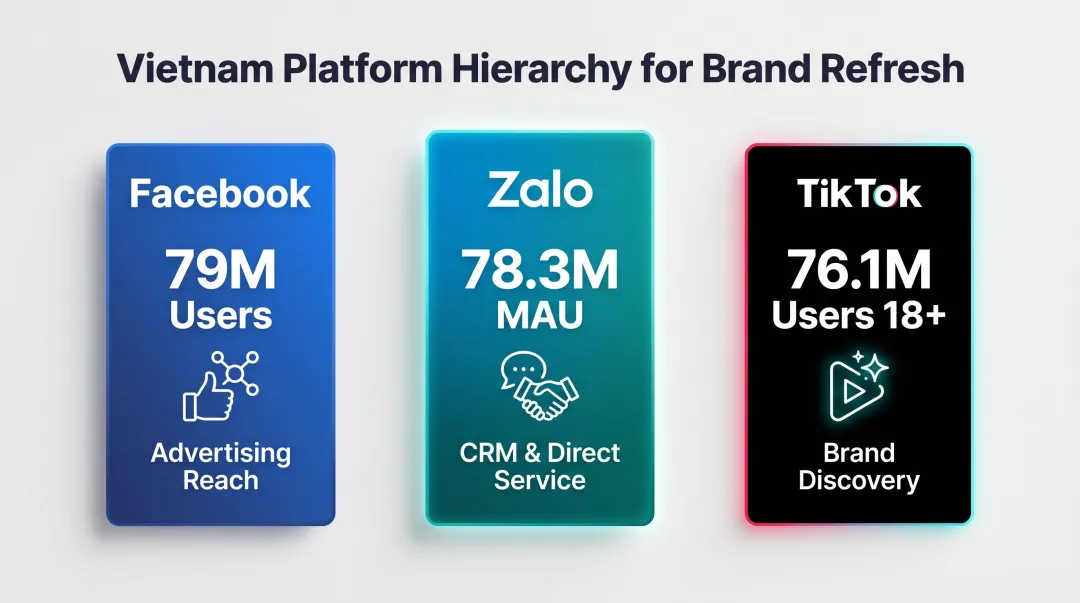 Vietnam top three social platforms user comparison and brand role breakdown 2026