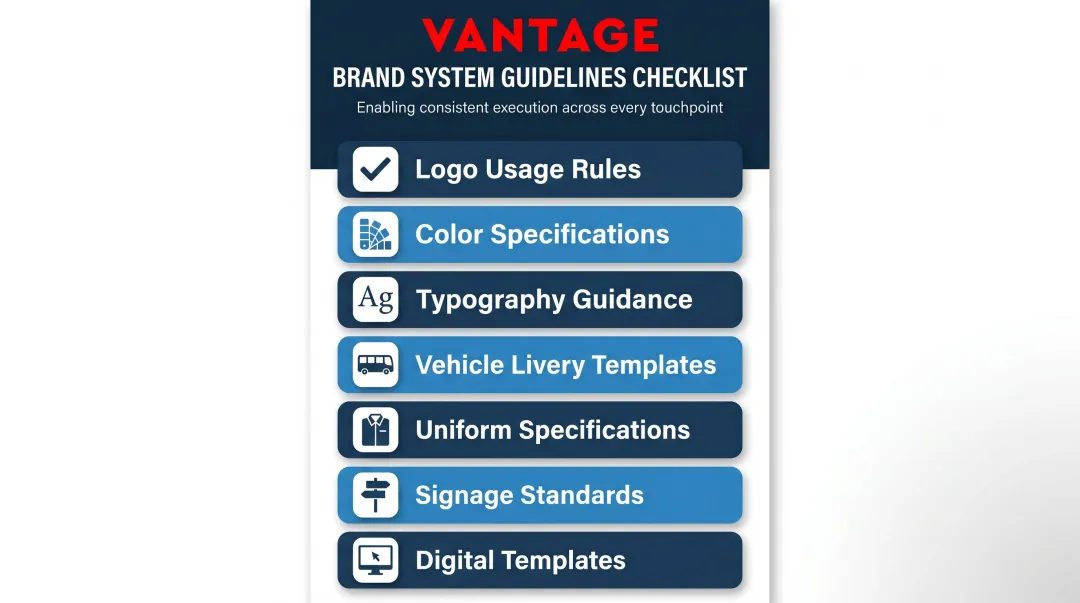 Seven-component Vietnam transport brand guidelines system checklist infographic