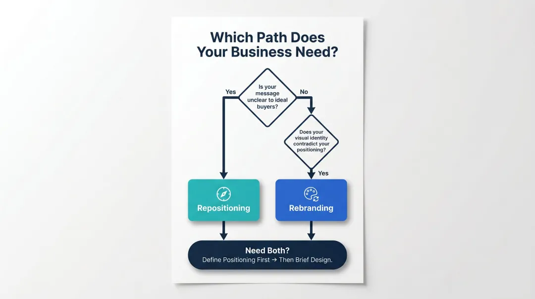 Rebranding versus repositioning decision framework flowchart with sequencing guidance