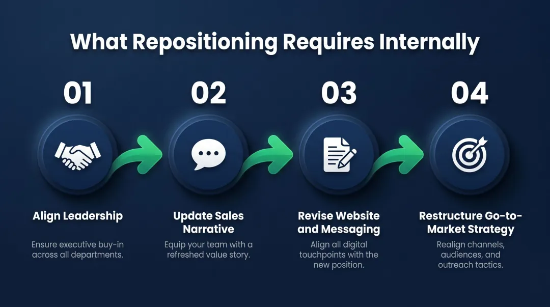 Four-step brand repositioning internal transformation process flow infographic
