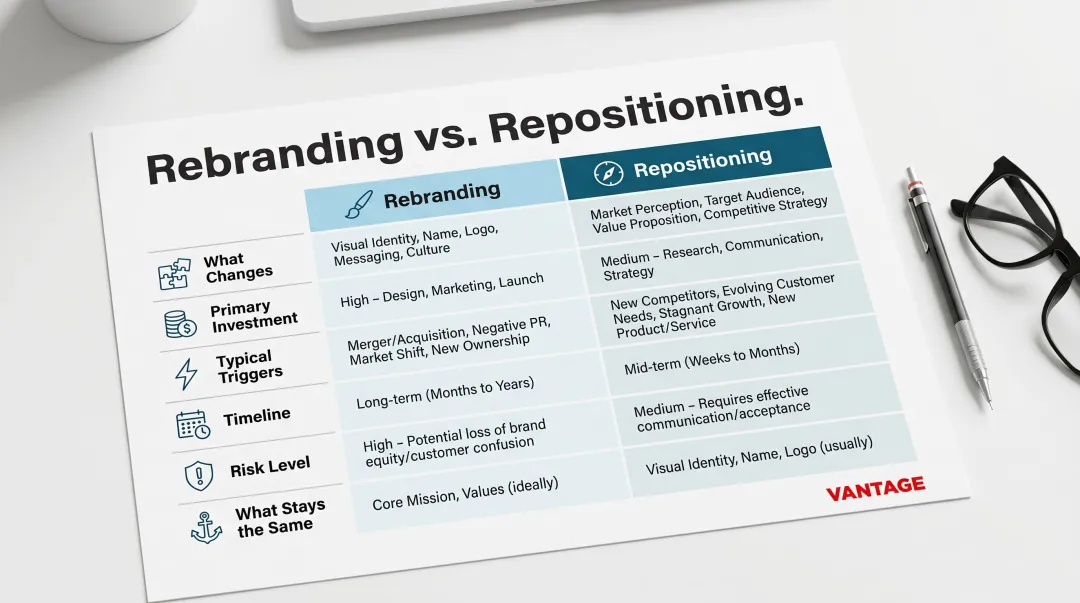 Rebranding versus repositioning side-by-side comparison infographic with key dimensions