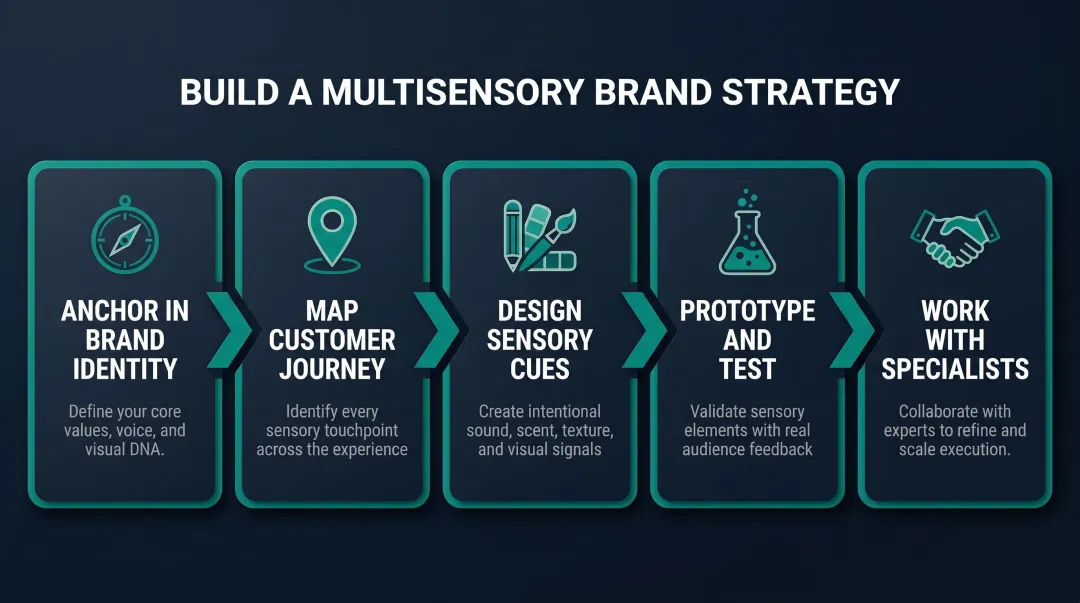 Five-step multisensory brand strategy process from identity to specialist implementation