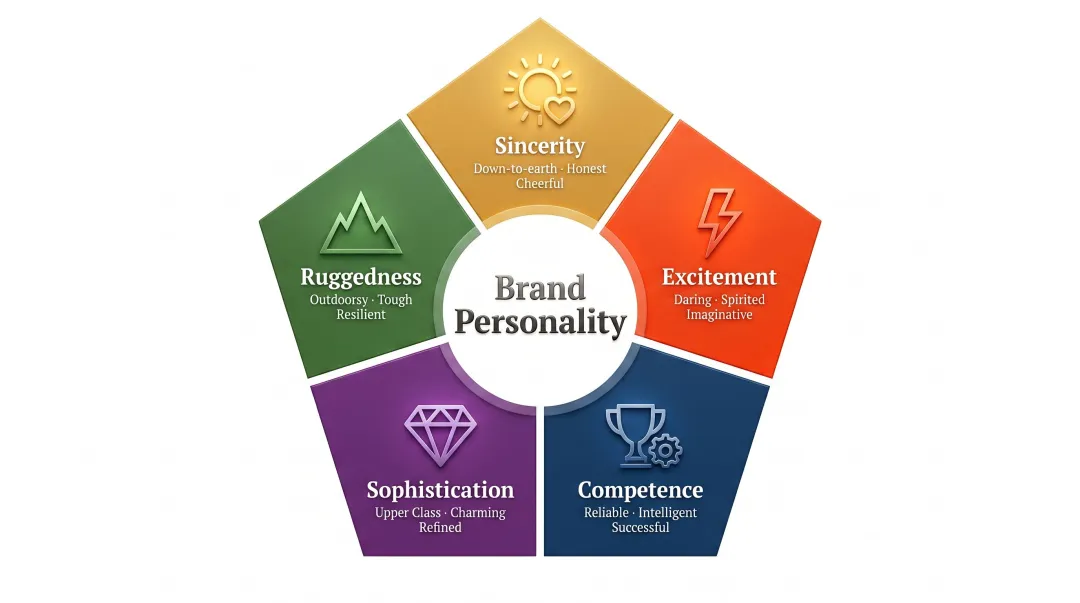 Jennifer Aaker five dimensions of brand personality framework wheel infographic