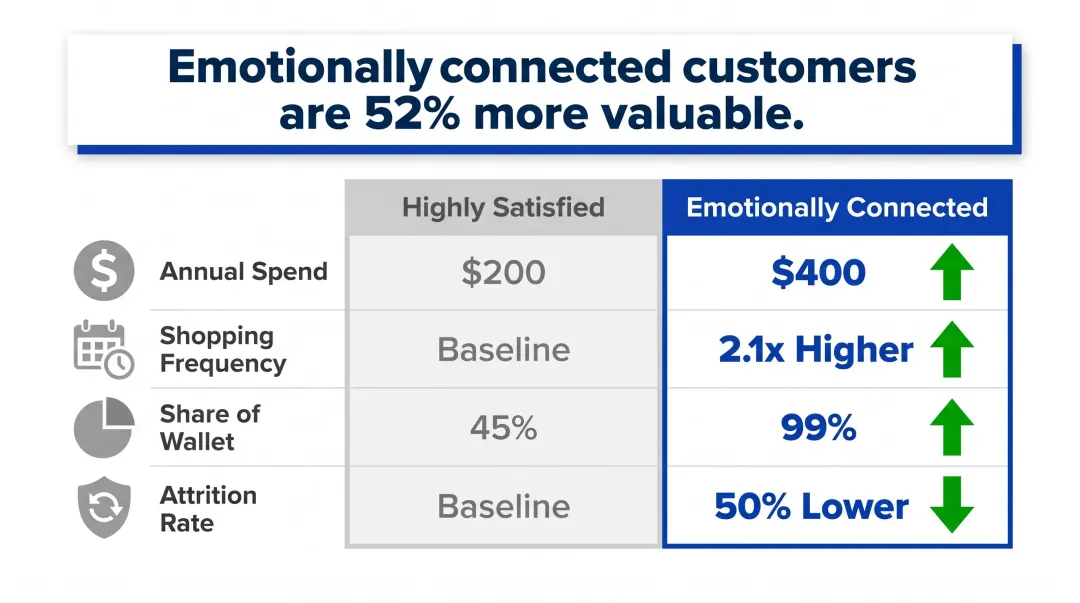 Emotionally connected versus highly satisfied customer value comparison metrics infographic