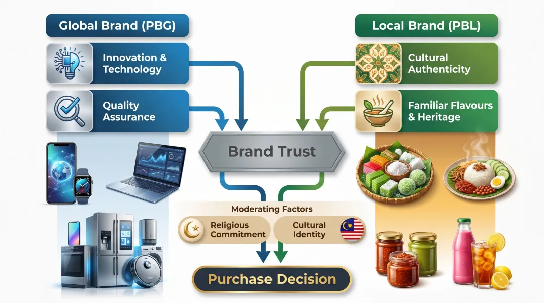 Global versus local brand trust mediation by product category in Malaysia infographic