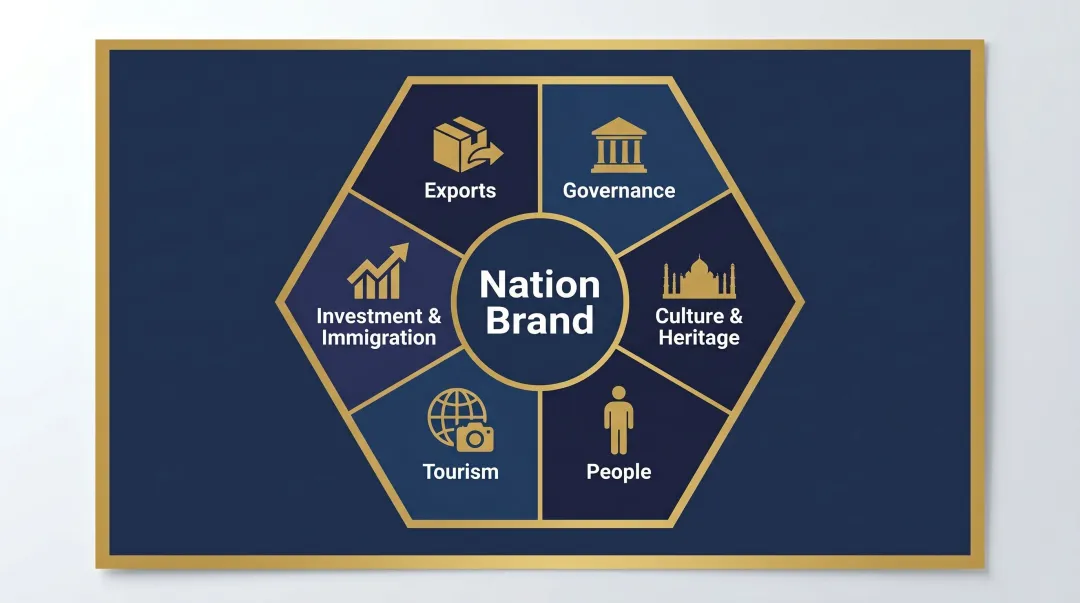 Anholt Nation Brands Index six-dimension hexagon framework infographic
