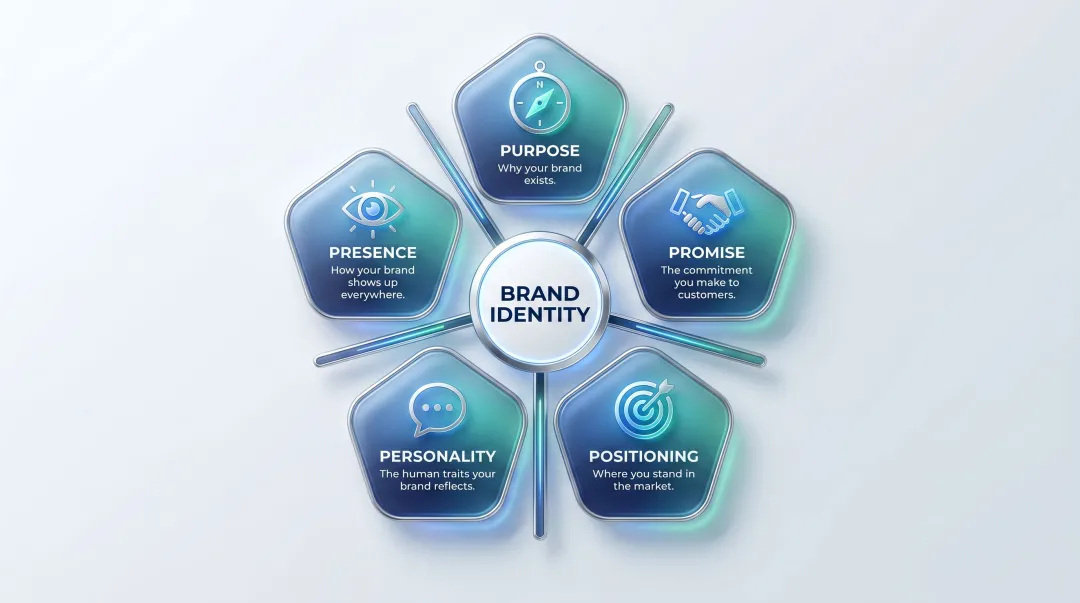5 P's of purpose-driven brand identity framework pentagon diagram