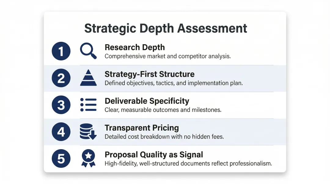 Five-point brand identity proposal evaluation framework strategic depth checklist