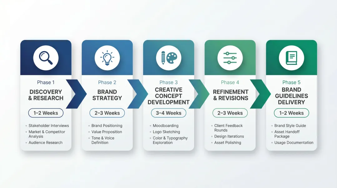 Five-phase brand identity project timeline with durations and key activities