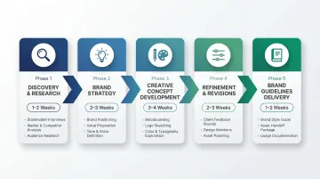 Five-phase brand identity project timeline with durations and key activities