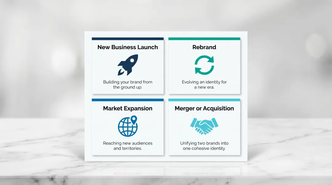 Four business situations requiring brand identity proposal infographic