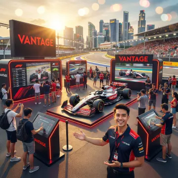 Dynamic Singapore Grand Prix branding activation setup with branded installations and engaged audience