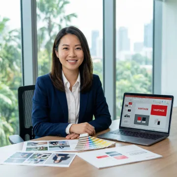 Brand strategist reviewing corporate photography and visual identity materials