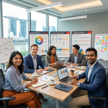 Brand strategy workshop with stakeholders reviewing positioning frameworks and brand architecture