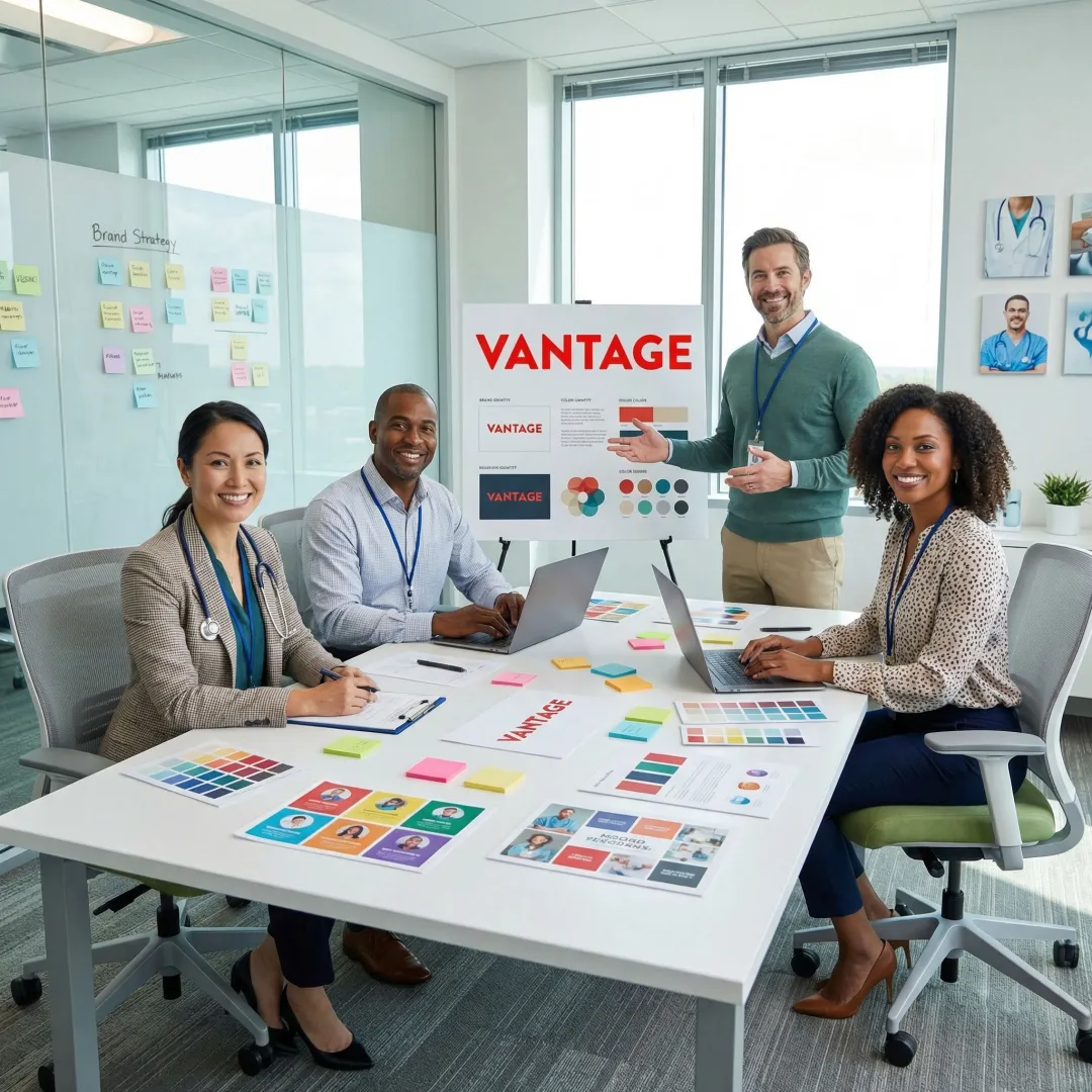 Healthcare brand identity materials including logo designs and brand guidelines