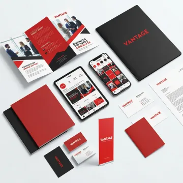 Brand communication materials including brochures, social media content, and digital assets
