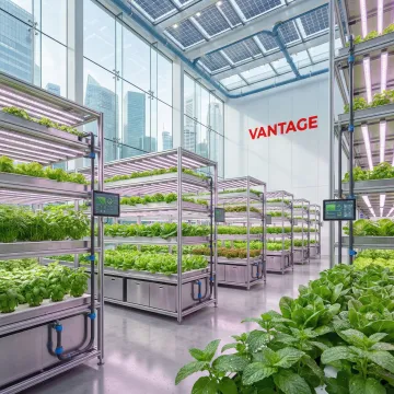 Modern agriculture facility with innovative farming technology and branding elements