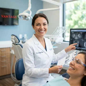 Dental professional consulting with patient in modern practice