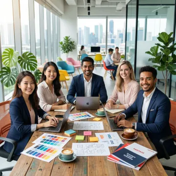 Professional branding agency team collaborating on brand strategy in modern Singapore office