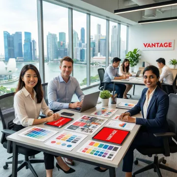 Professional team collaborating on brand strategy in modern Singapore office