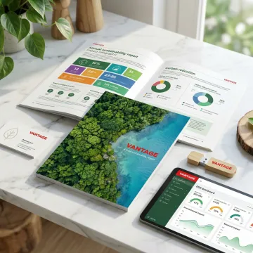 Sustainability branding materials including reports and digital content