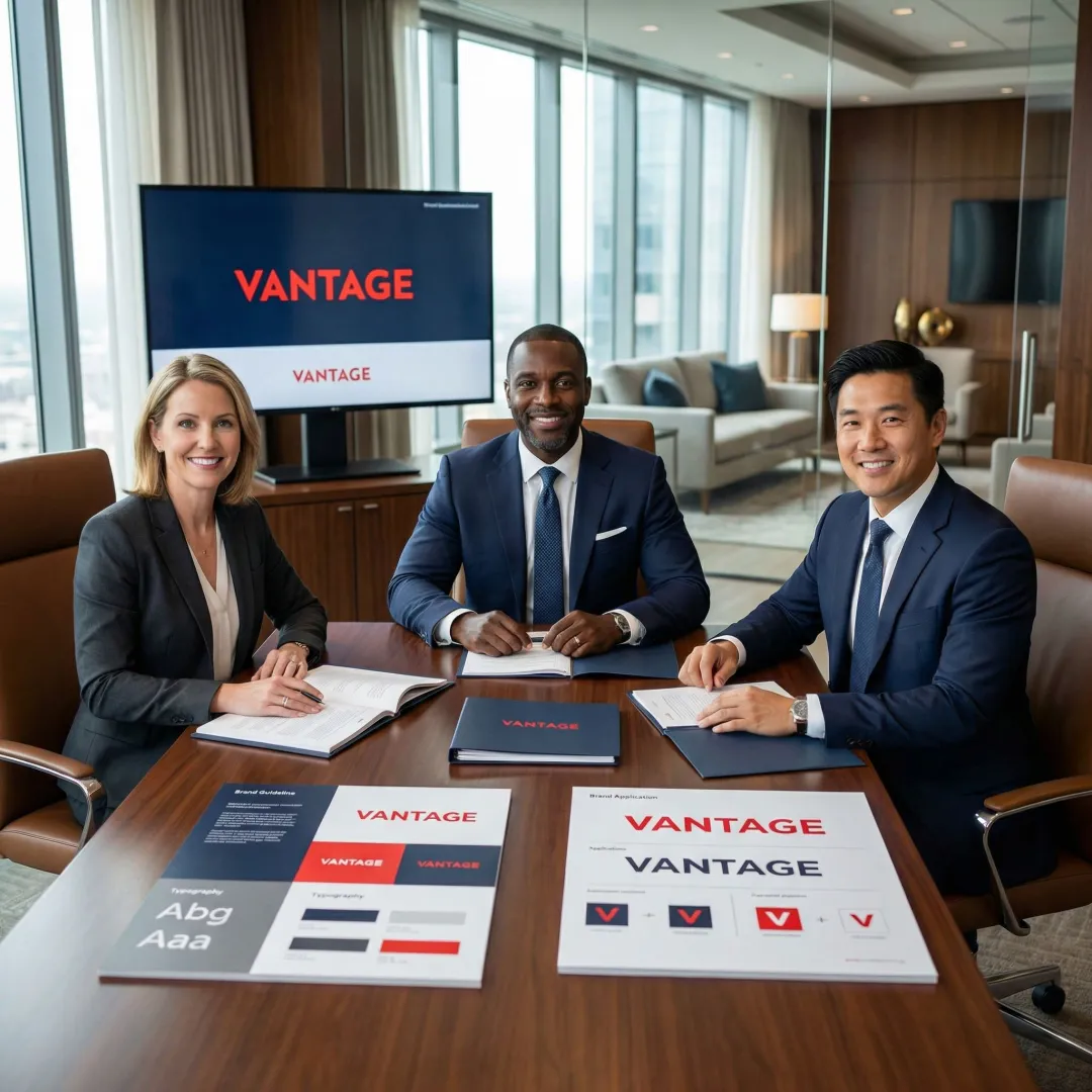 Law firm partners reviewing strategic brand presentation
