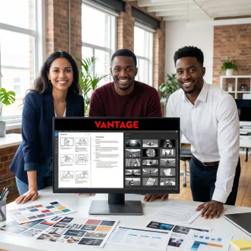 Creative team reviewing video production storyboard and planning corporate filming