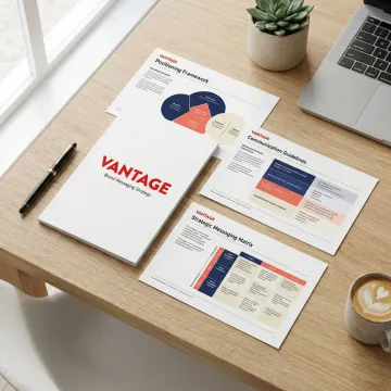 Brand messaging strategy framework and communication materials layout on professional workspace