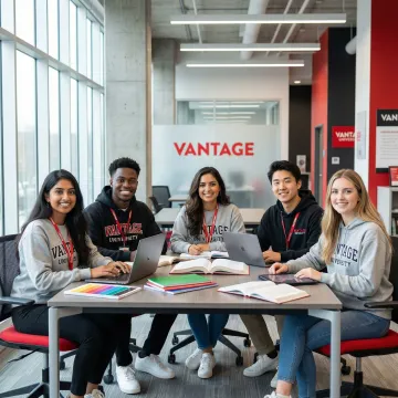 Diverse university students collaborating in modern learning space with institutional branding elements