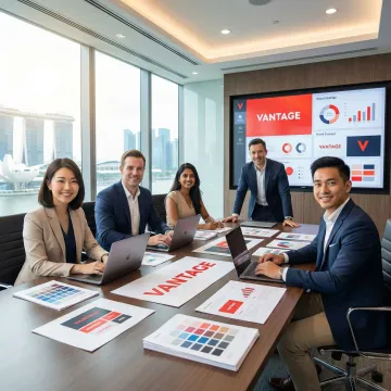 Corporate branding strategy meeting with Singapore business professionals reviewing brand identity designs