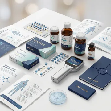 Pharmaceutical brand identity design showing medical packaging, healthcare collateral, and patient-focused brand materials