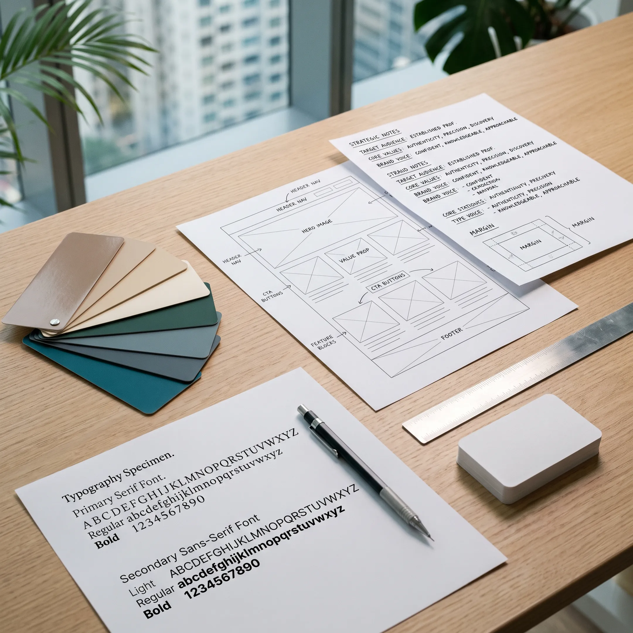 Brand strategy and website identity materials arranged on a studio table
