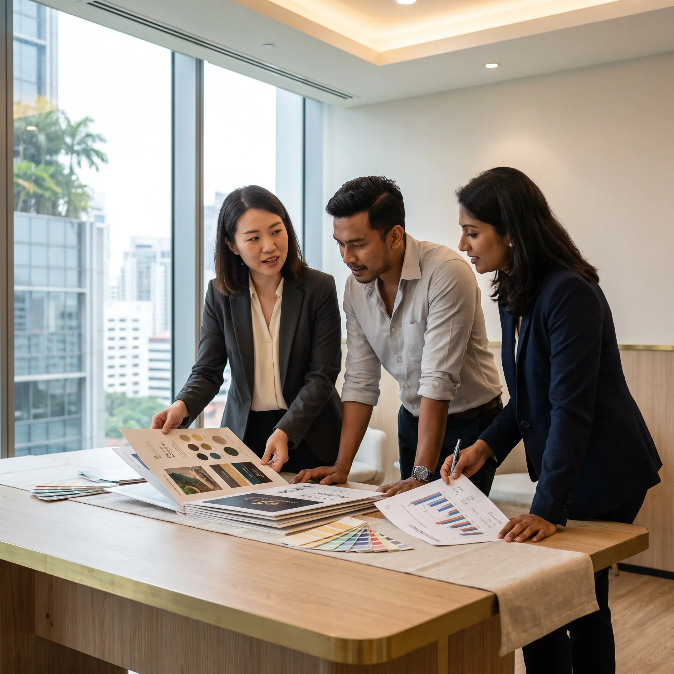 Brand strategists reviewing property branding concepts and identity materials in a Singapore studio