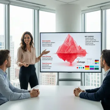 Brand strategist presenting comprehensive brand identity guidelines and visual systems