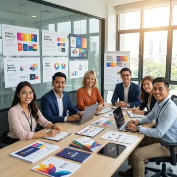 Creative brand strategy session with diverse team reviewing brand positioning materials