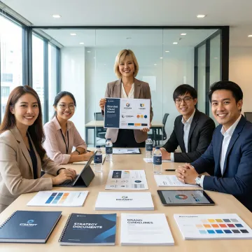 SME business owner reviewing brand strategy presentation with creative team