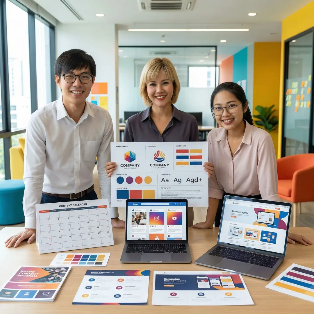 Brand strategist presenting content marketing strategy with visual identity elements and campaign materials