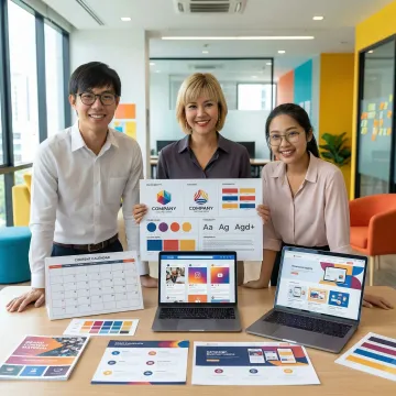 Brand strategist presenting content marketing strategy with visual identity elements and campaign materials