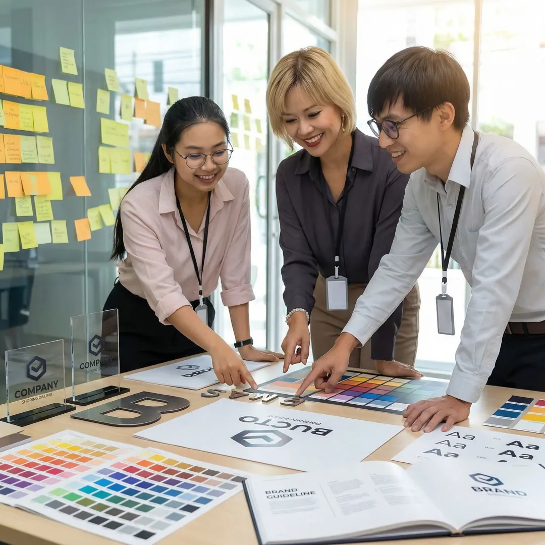 Professional brand strategy workshop with signage design mockups and brand identity materials